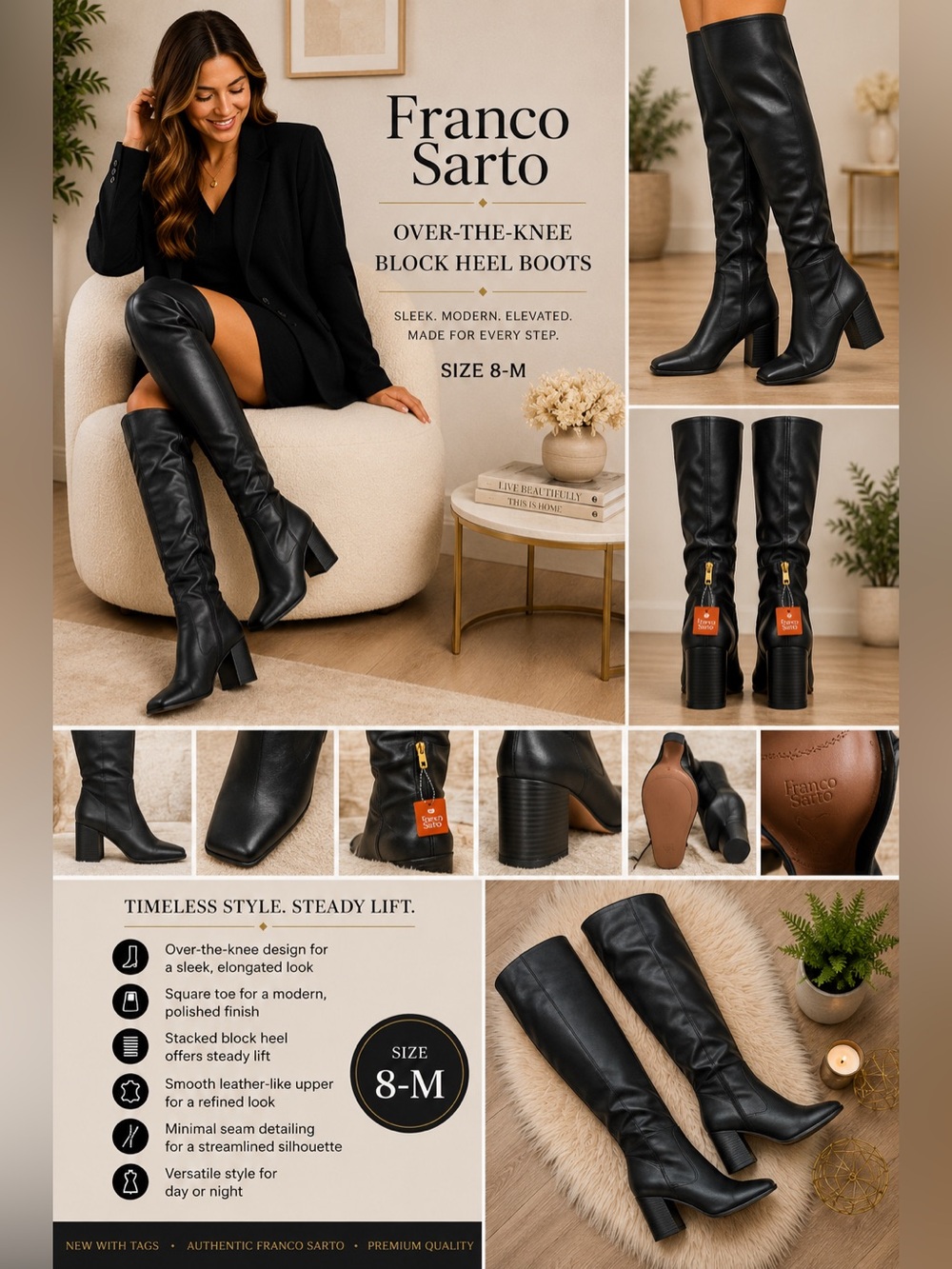 Franco Sarto Black Over-The-Knee Block Heel Boots 8-M NEW